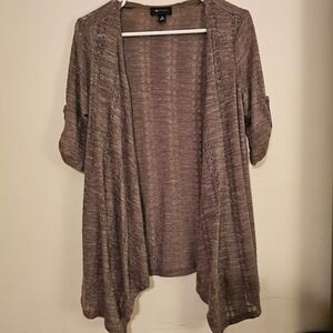 AB Studio Open Front Knit Cardigan Sweater Taupe M Roll Tab Sleeves